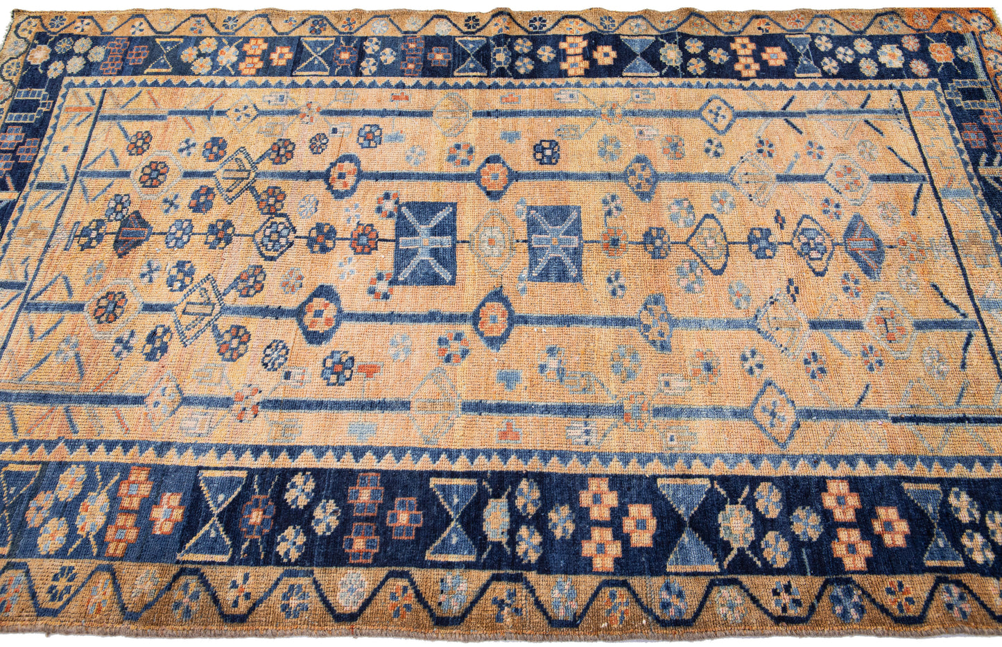 Beautiful handmade blue and beige wool rug