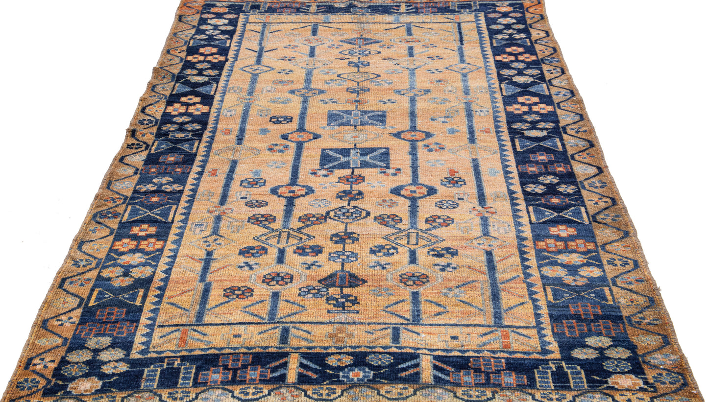 Beautiful handmade blue and beige wool rug