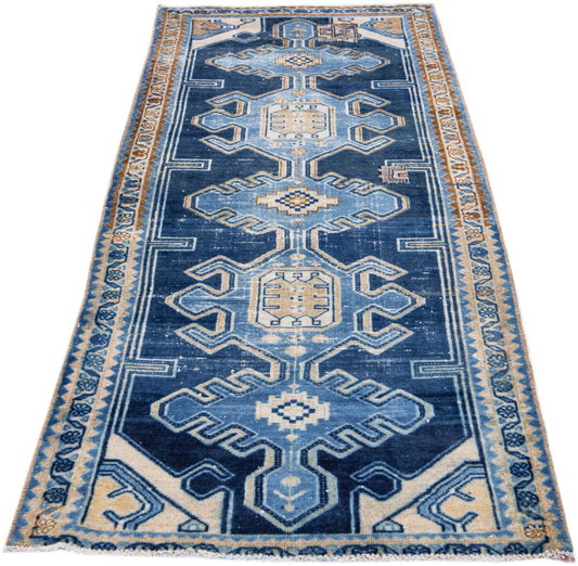 Gorgeous Blue and Turquoise Handmade Wool Runner Rug - 3'2'' x 8'7"